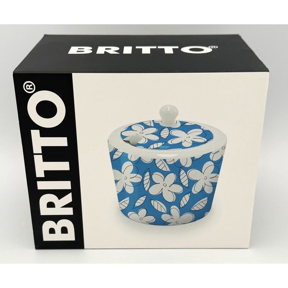 Romero Britto Sugar Bowl Blue w/ White Flowers Bone China 10.4 oz New Boxed